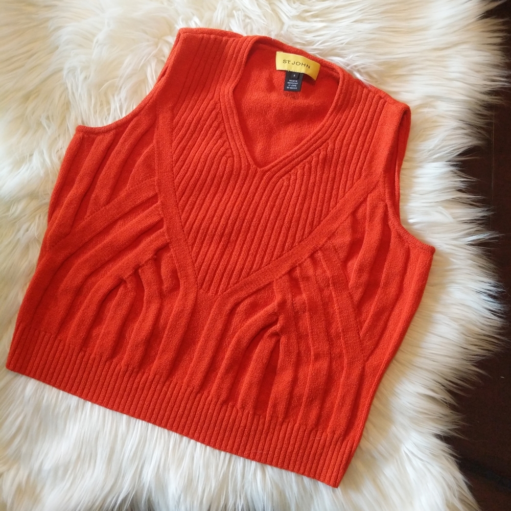 ST. JOHN Orange ribbed knit sleeveless sweater